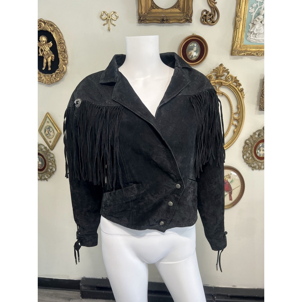 Body Exteriors Black Suede Fringe Leather Jacket Size M